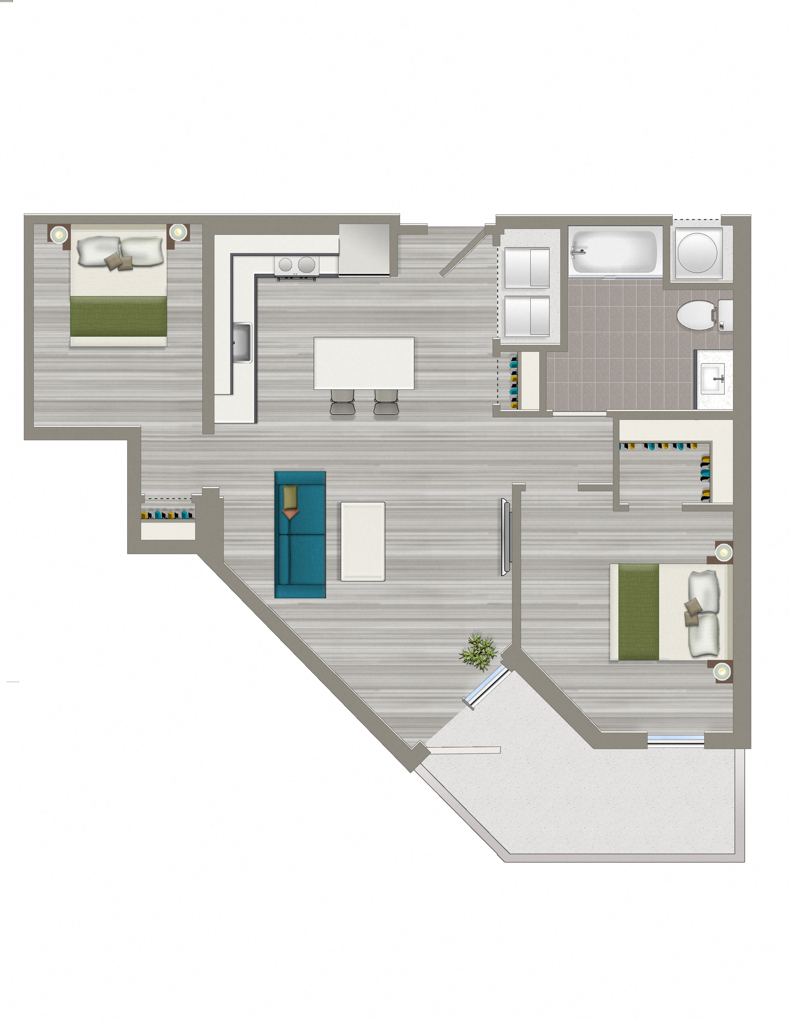 Floor plan for 1 bed, 1 bath, 796 sqft